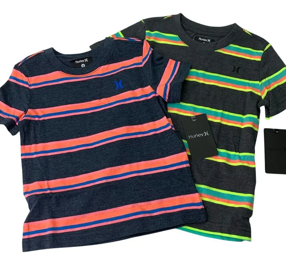 NWT Hurley Boys Size 3T Lot of 2 Neon Pink Yellow Green Orange Striped T-Shirts